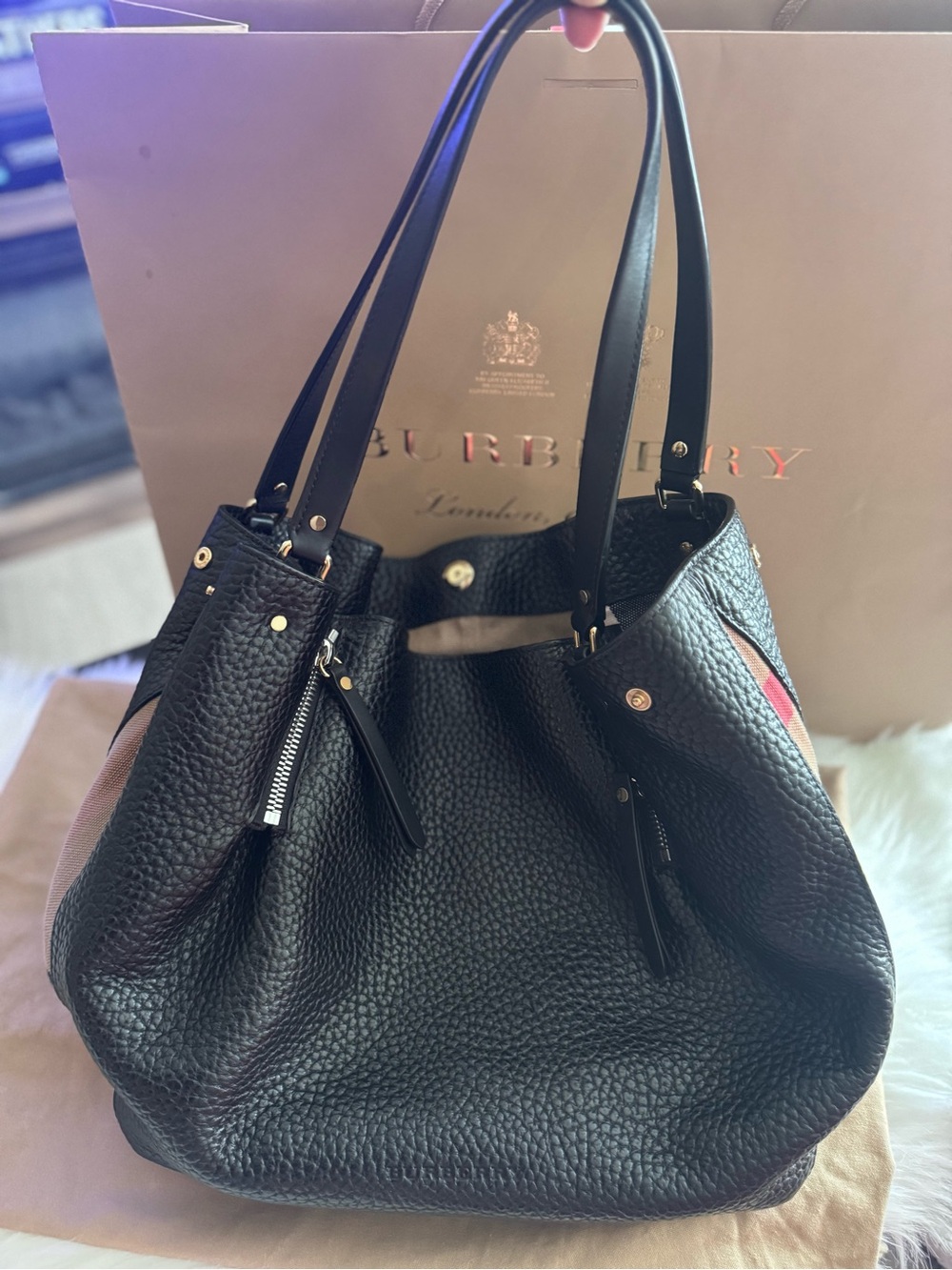 Burberry Maidstone Black Pebbled Leather Shoulder Tote with Gold Hardware
